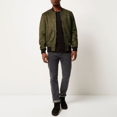 Green faux suede bomber jacket
